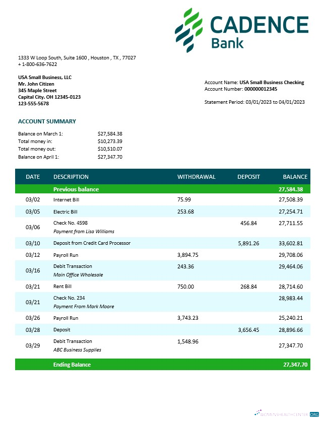 Download Cadence Bank corporate checking account statement Word and PDF template Photoshop template